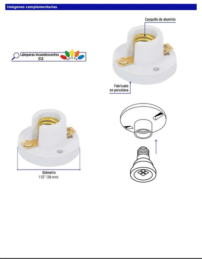 Portalámpara de porcelana para candil con base E12 y casquillo de aluminio