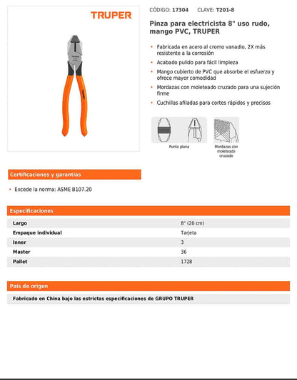 Pinza para electricista 8" uso rudo con mango PVC