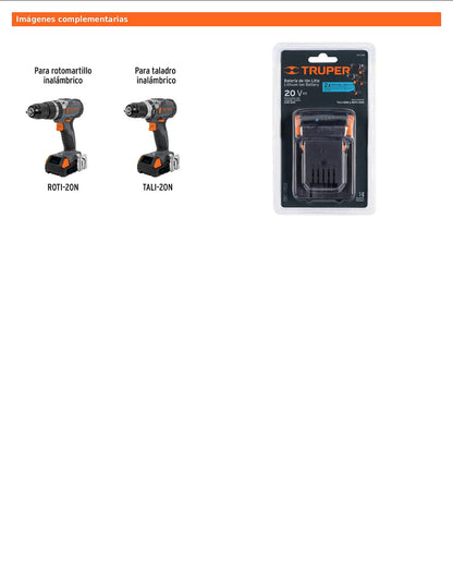 Batería de ion litio de 20 V con capacidad de 2 Ah