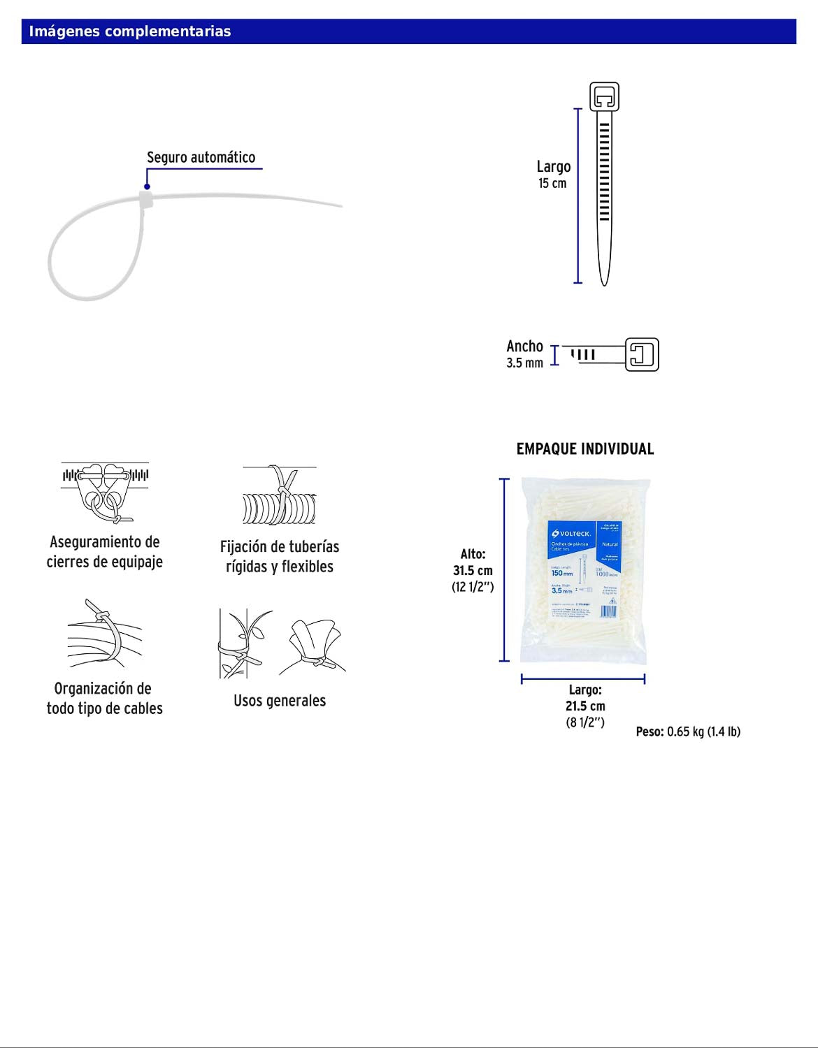 Bolsa con 1000 cinchos plásticos 40 lb 150 x 3.5 mm natural
