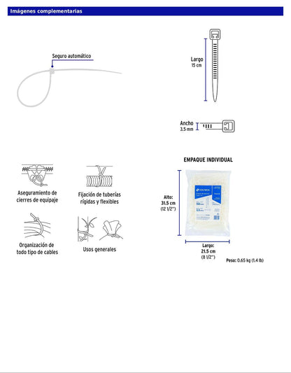 Bolsa con 1000 cinchos plásticos 40 lb 150 x 3.5 mm natural