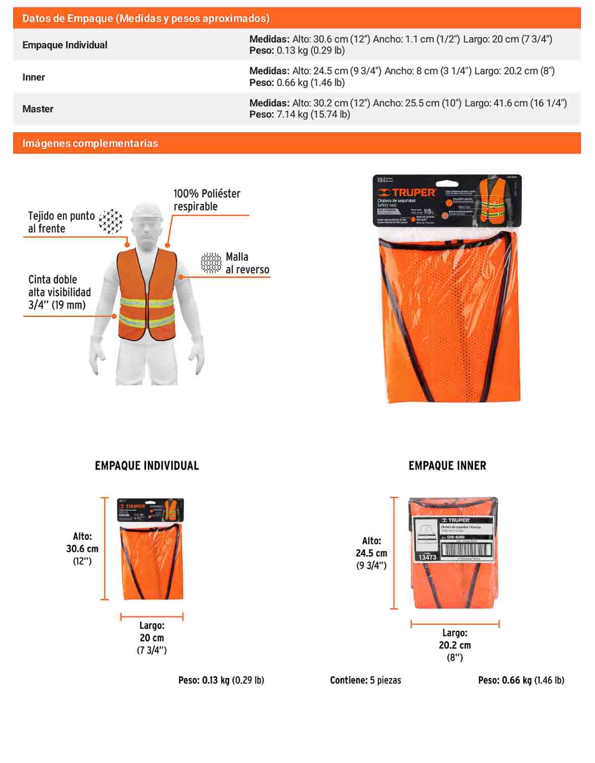 Chaleco de seguridad naranja alta visibilidad con