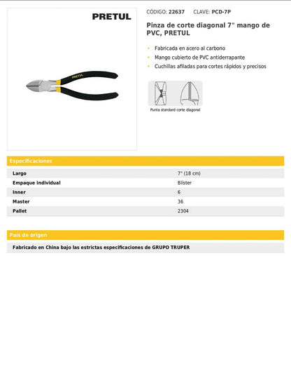 Pinza de corte diagonal de 7 pulgadas con mango de PVC