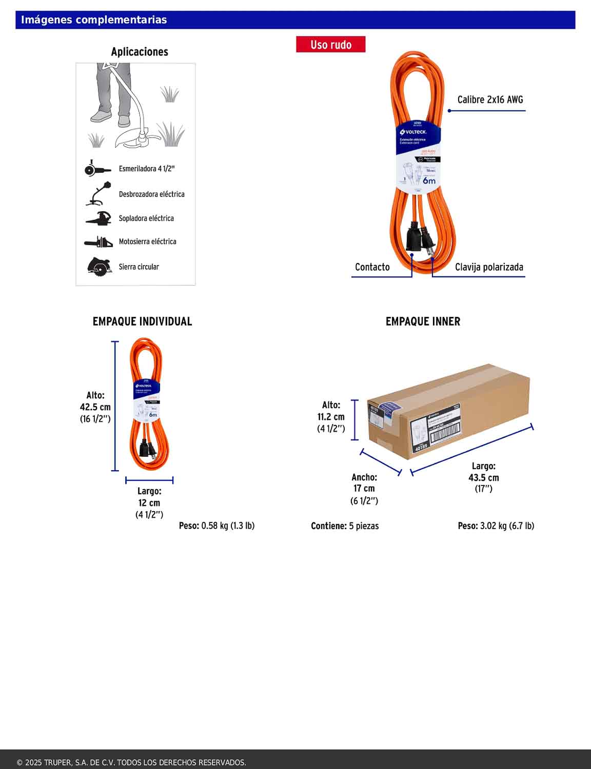 Extensión eléctrica de uso rudo de 6 m con calibre 2x16 AWG para una clavija