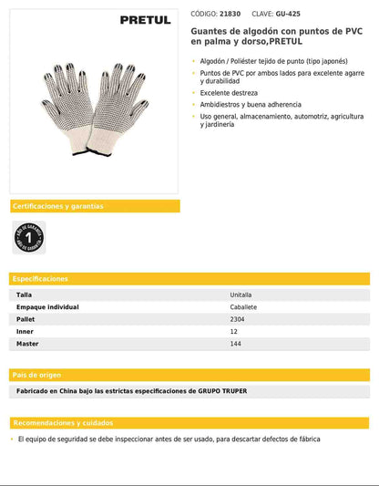 Guantes de algodón con puntos de PVC en palma y dorso unitalla