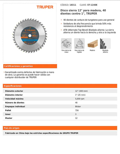 Disco sierra para madera de 12 pulgadas con 40 dientes y centro de 1 pulgada
