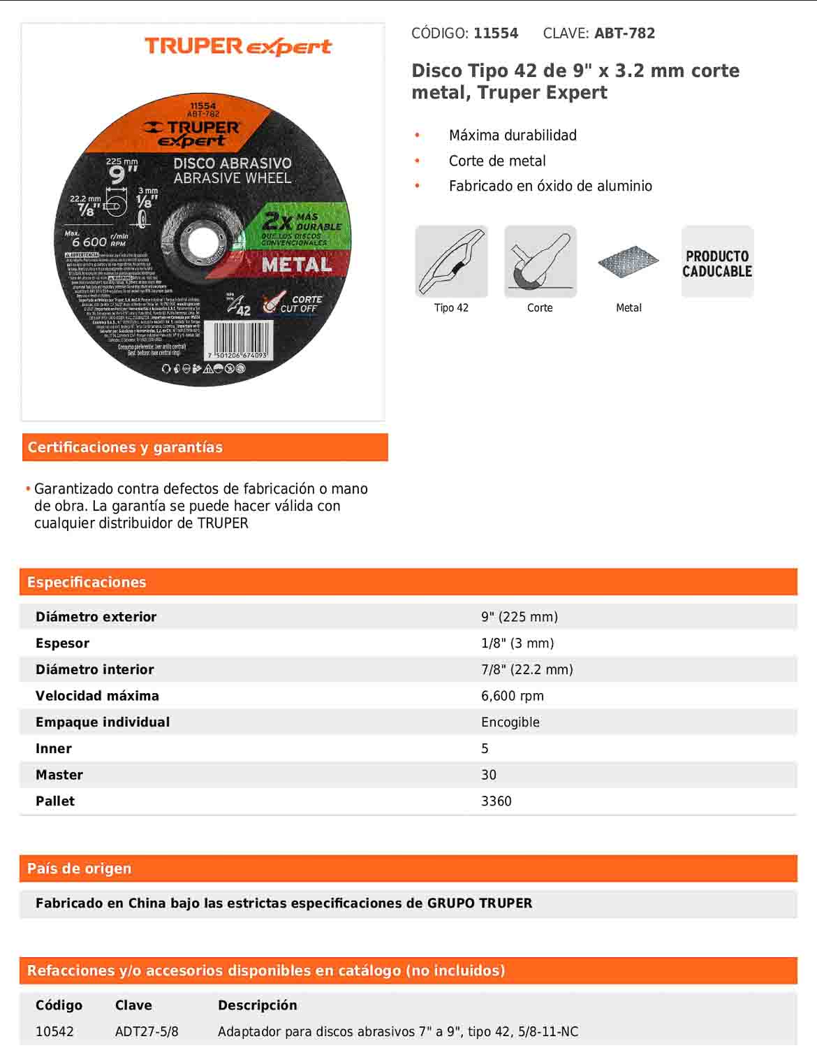 Disco de corte para metal de 9 pulgadas con espesor de 3 mm