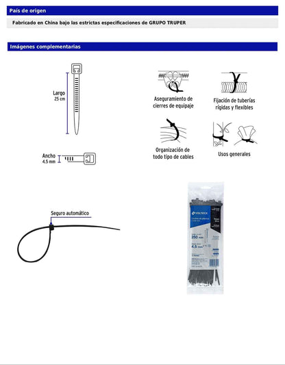 Bolsa con 50 cinchos plásticos 50 lb 250 x 4.5 mm negro