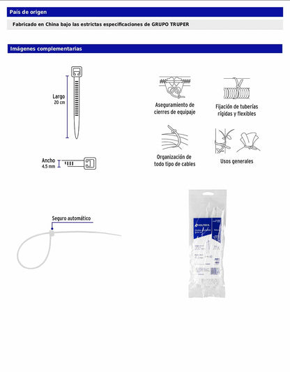 Bolsa con 50 cinchos plásticos de 50 lb de 20 cm de largo y 0.45 cm de ancho en color natural