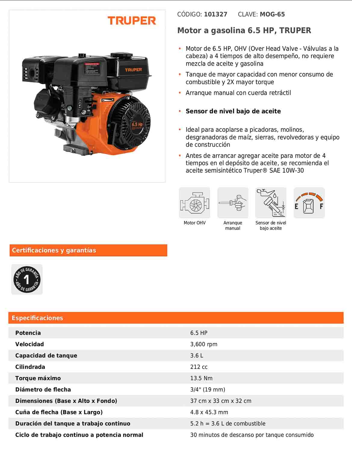Motor a gasolina de 6.5 HP con sensor de aceite y arranque manual
