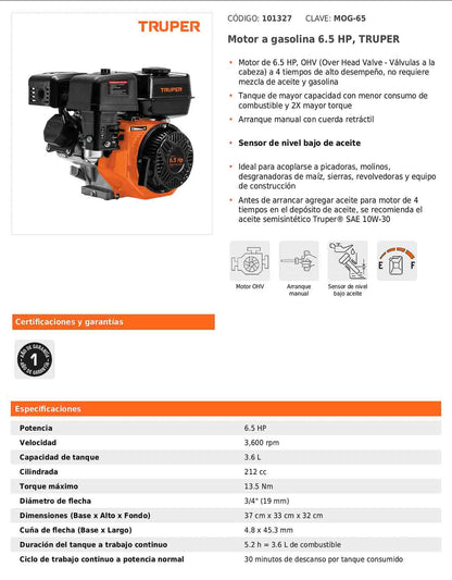 Motor a gasolina de 6.5 HP con sensor de aceite y arranque manual
