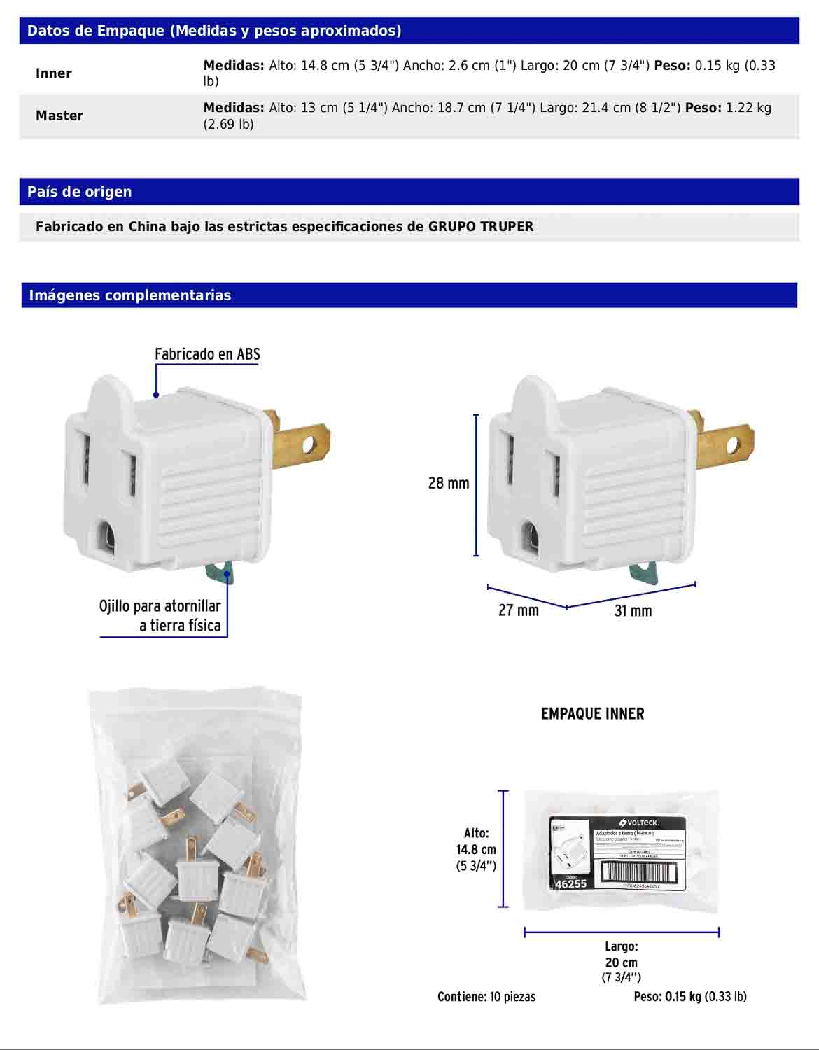 Adaptador de 3 a 2 blanco con ojillo para tierra física