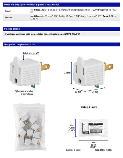 Adaptador de 3 a 2 blanco con ojillo para tierra física