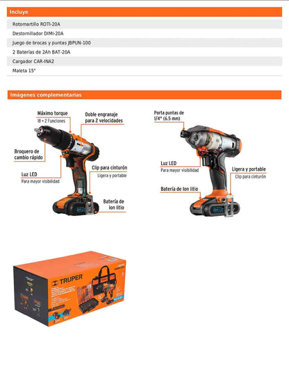 Combo de rotomartillo y destornillador de impacto con batería 20 V
