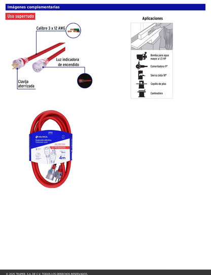 Extensión reforzada aterrizada 4 m calibre 12