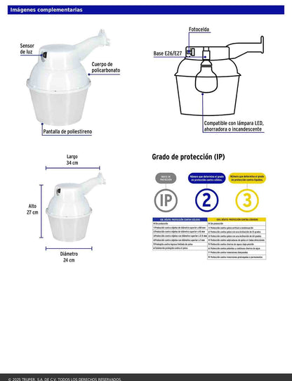 Luminario suburbano de ABS con sensor de luz y base E26/E27