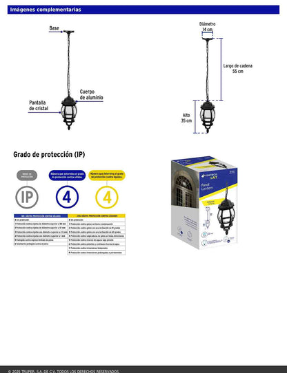 Arbotante tipo farol tradicional colgante para exterior