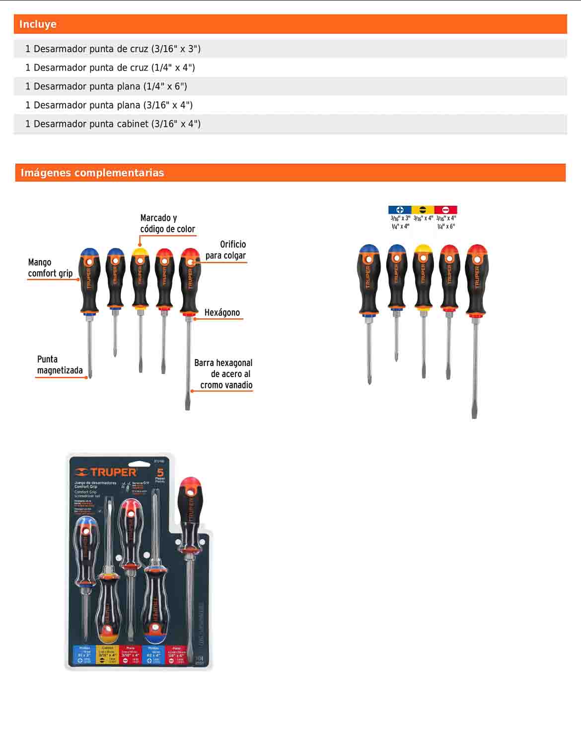 Juego de 5 desarmadores de mango comfort grip con barra hexagonal