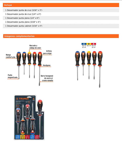 Juego de 5 desarmadores de mango comfort grip con barra hexagonal