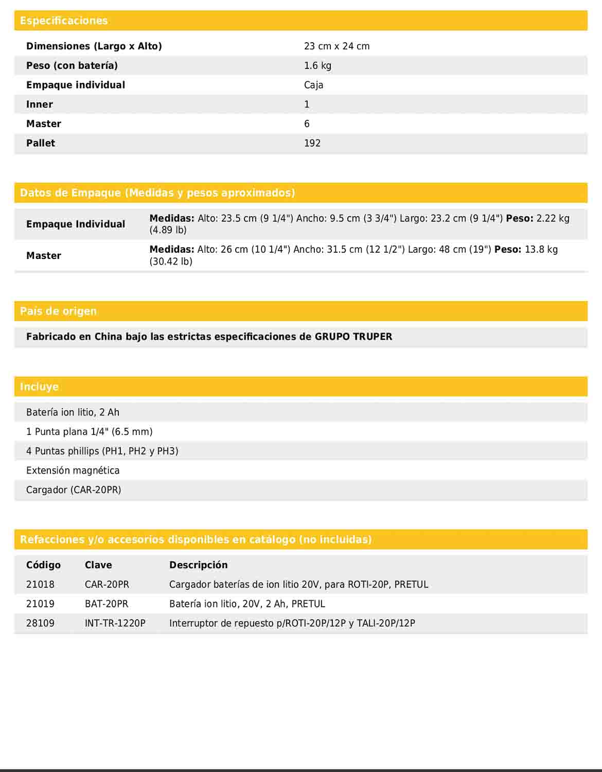 Rotomartillo inalámbrico de 1/2 in con batería 20 V y dos velocidades