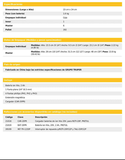 Rotomartillo inalámbrico de 1/2 in con batería 20 V y dos velocidades