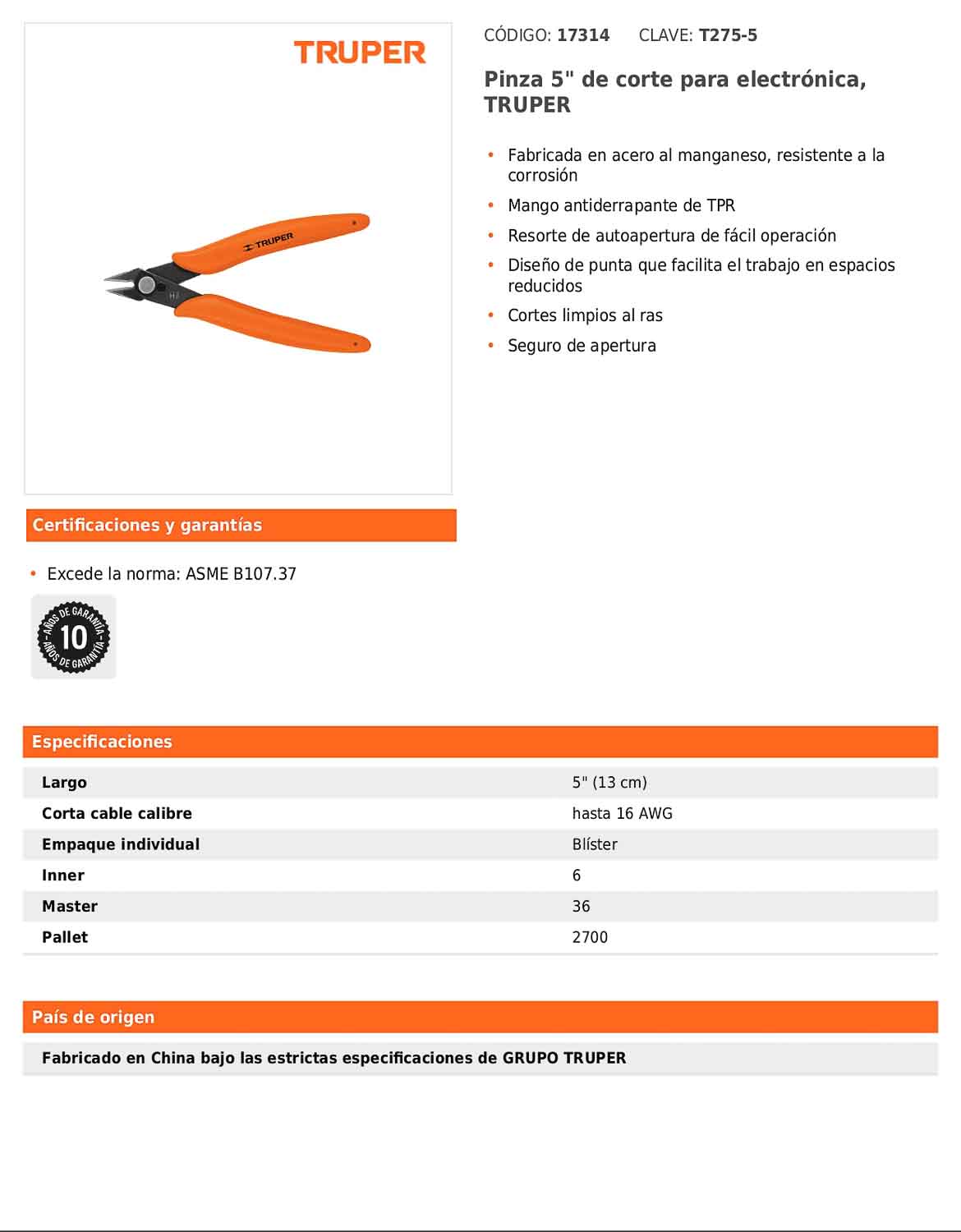 Pinza de corte para electrónica de 5 pulgadas con mango antiderrapante