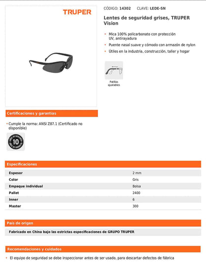 Lentes de seguridad grises con mica de policarbonato y patillas ajustables