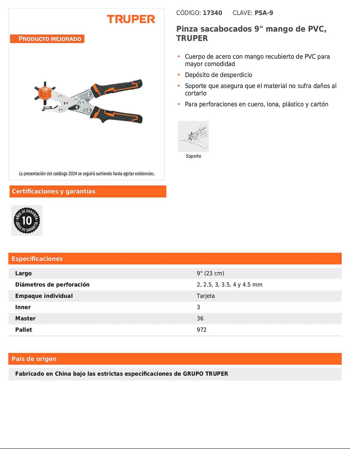 Pinza sacabocados de 9 pulgadas con mango recubierto de PVC