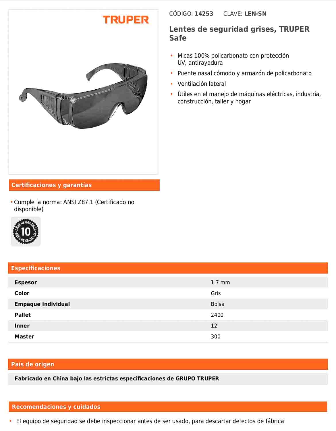 Lentes de seguridad grises TRUPER Safe (LEN-SN)