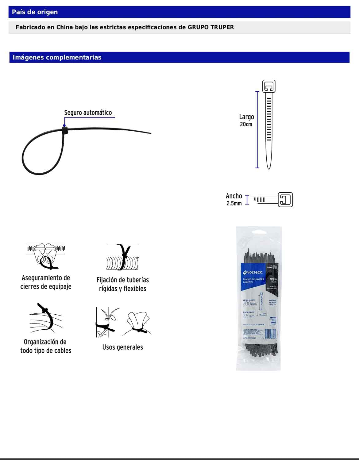 Bolsa con 100 cinchos plásticos 18 lb 200 x 2.5 mm negro