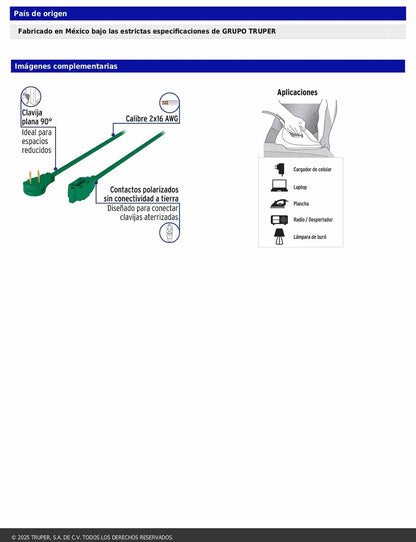 Extensión eléctrica doméstica de 10 m con clavija plana verde