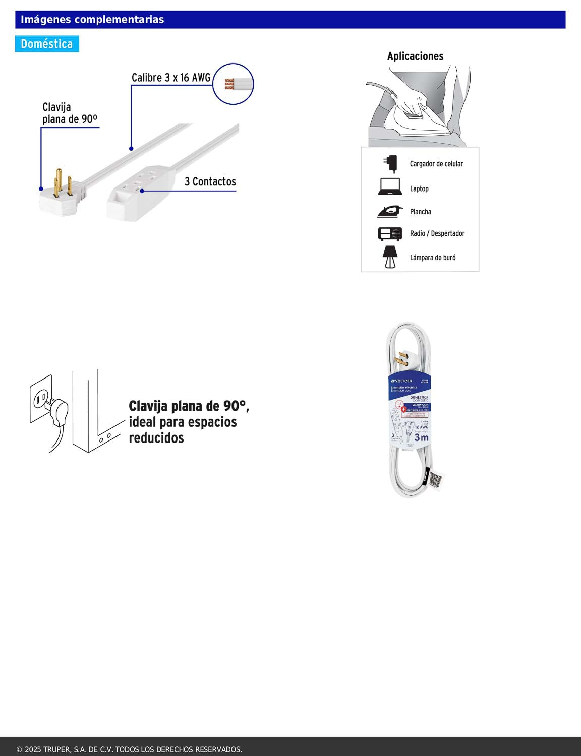 Extensión doméstica aterrizada de 3 m con clavija plana blanca