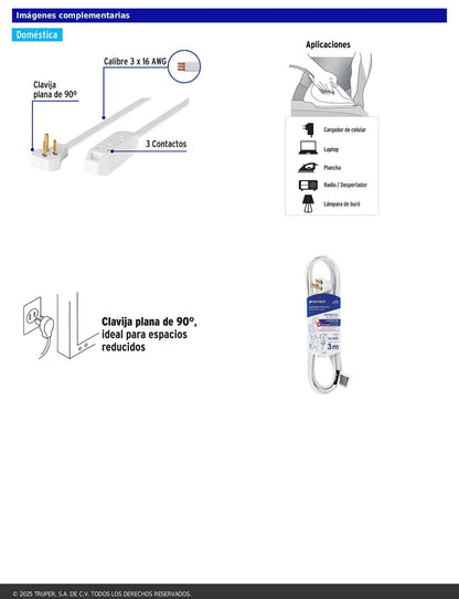 Extensión doméstica aterrizada de 3 m con clavija plana blanca