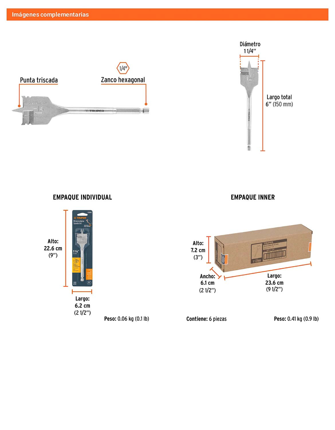 Broca plana de manita 1-1/4" para madera