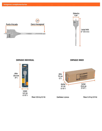 Broca plana de manita 1-1/4" para madera
