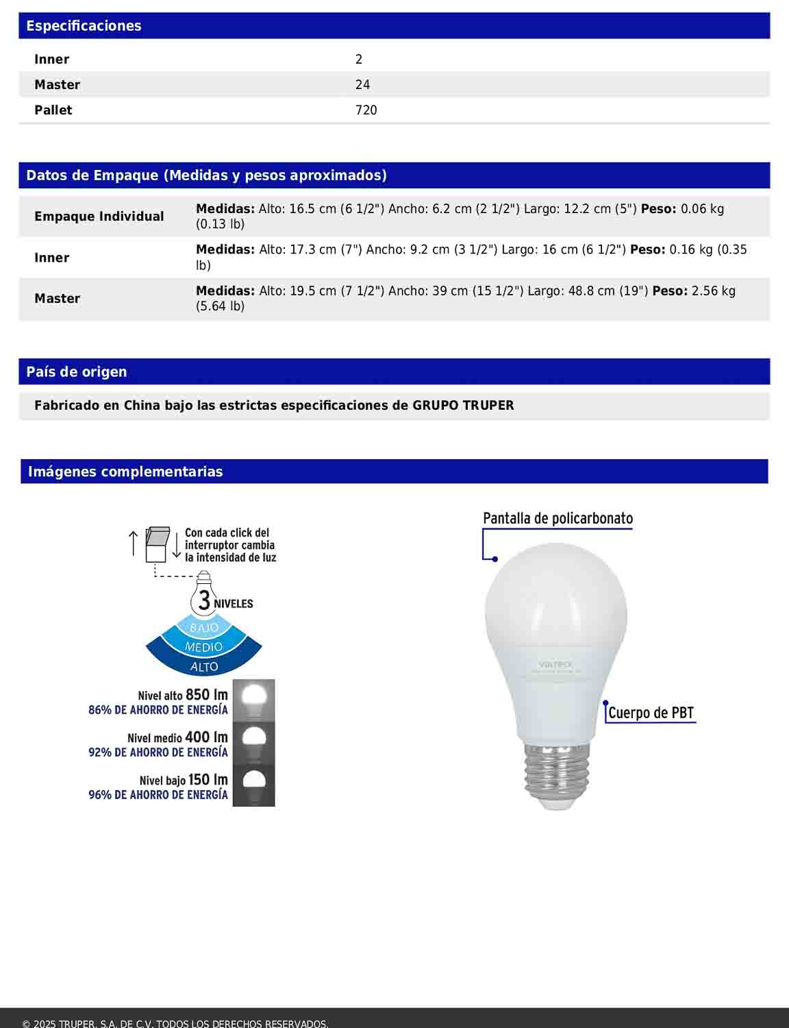 Foco LED 8W A19 6500K con 3 niveles de luminosidad