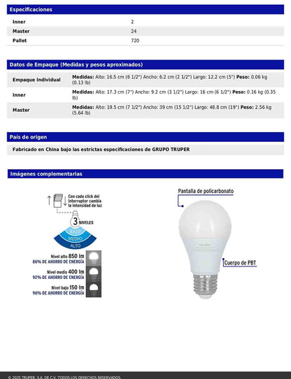 Foco LED 8W A19 6500K con 3 niveles de luminosidad