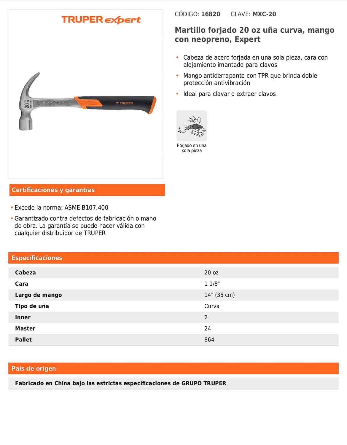 Martillo forjado de uña curva de 20 oz con mango con neopreno