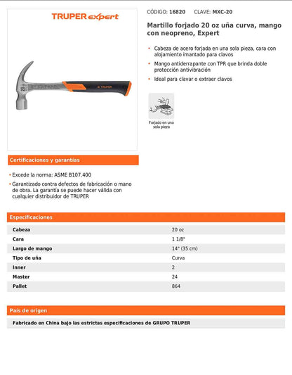 Martillo forjado de uña curva de 20 oz con mango con neopreno