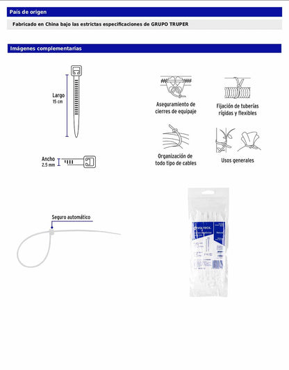 Bolsa con 100 cinchos plásticos 18 lb 150 x 2.5 mm natural