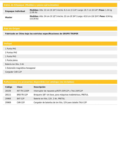 Taladro inalámbrico de 3/8 in con batería 12 V y una batería de 2 Ah