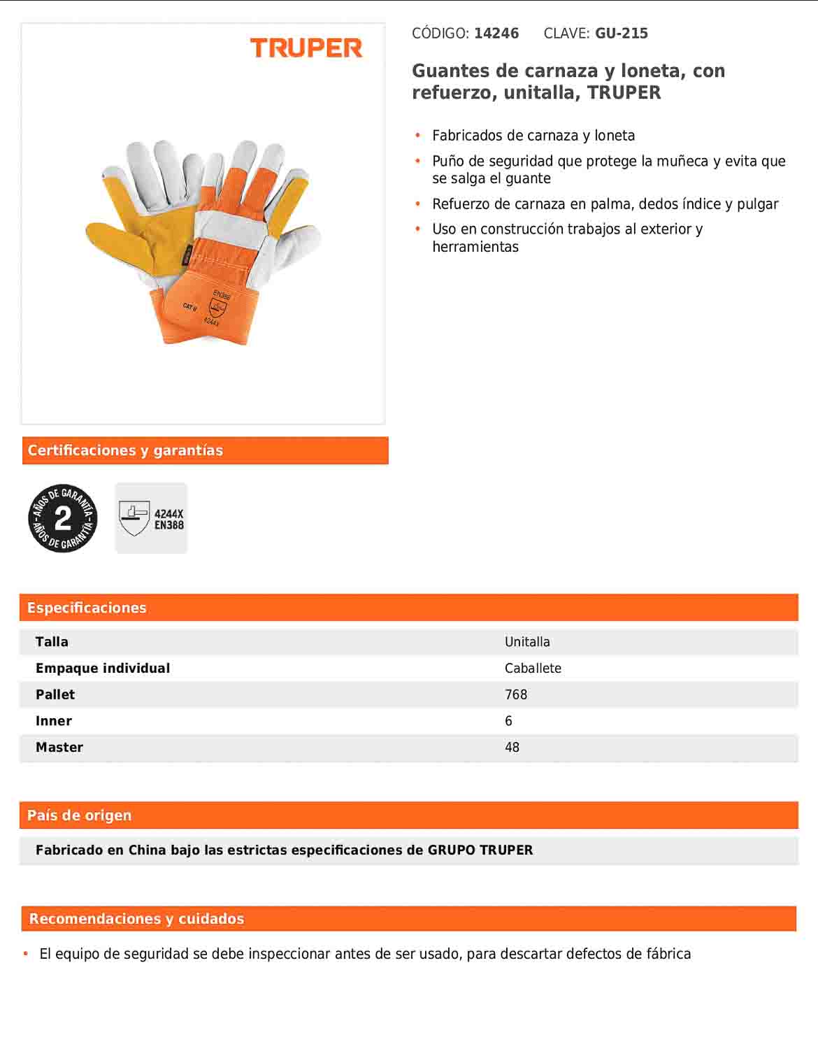 Guantes de carnaza y loneta con refuerzo unitalla TRUPER (GU-215)