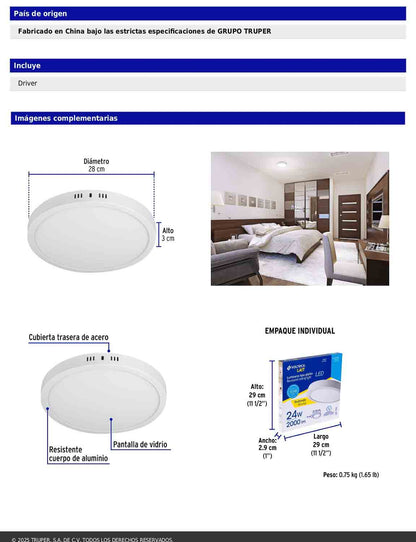 Luminario LED plafón de 24 W con luz de día redondo