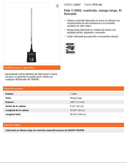 Pala T-2000 cuadrada con mango largo El Salvador