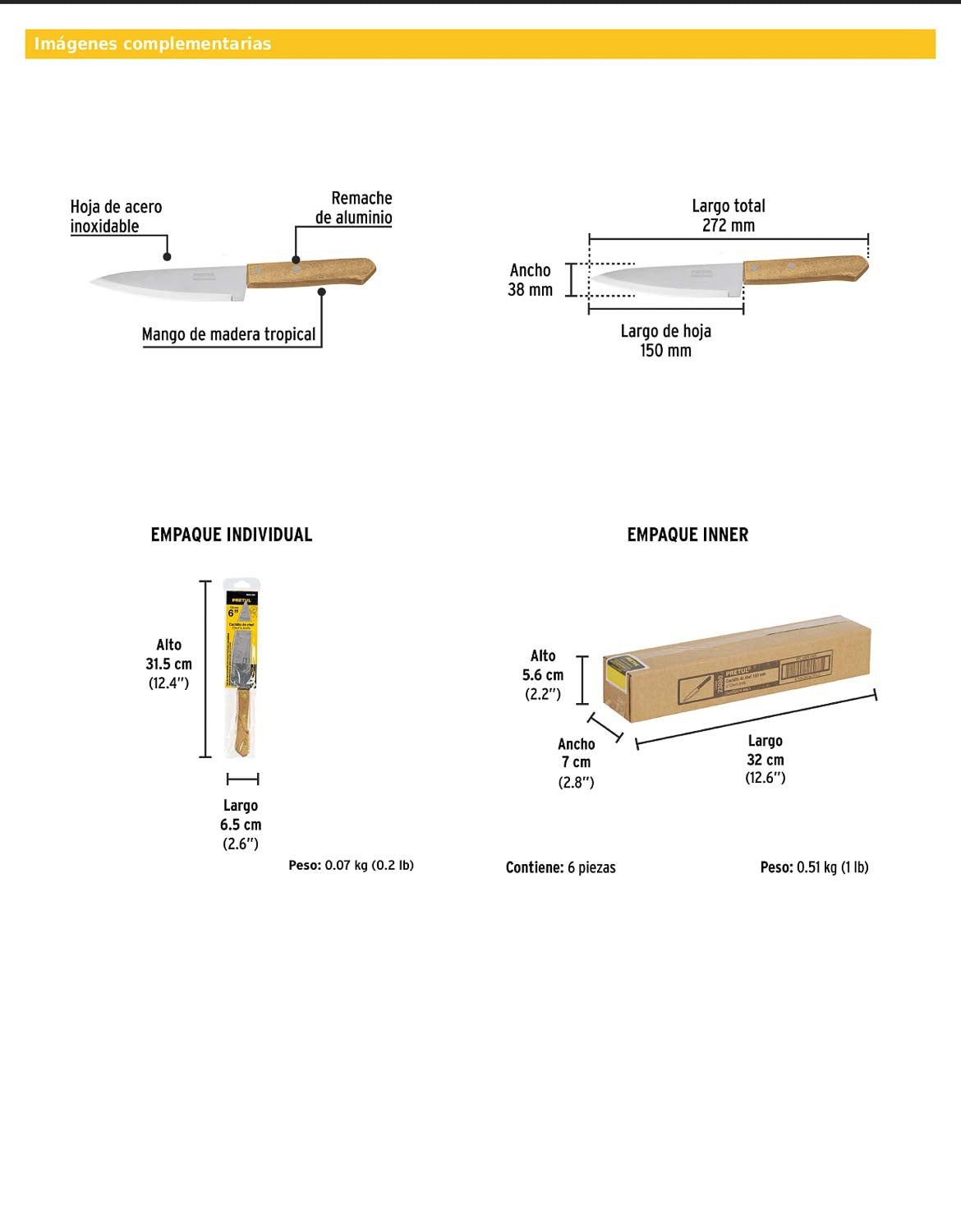 Cuchillo de chef de 6 pulgadas con mango de madera