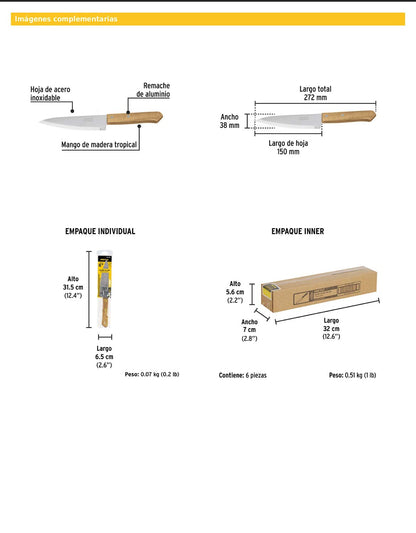 Cuchillo de chef de 6 pulgadas con mango de madera