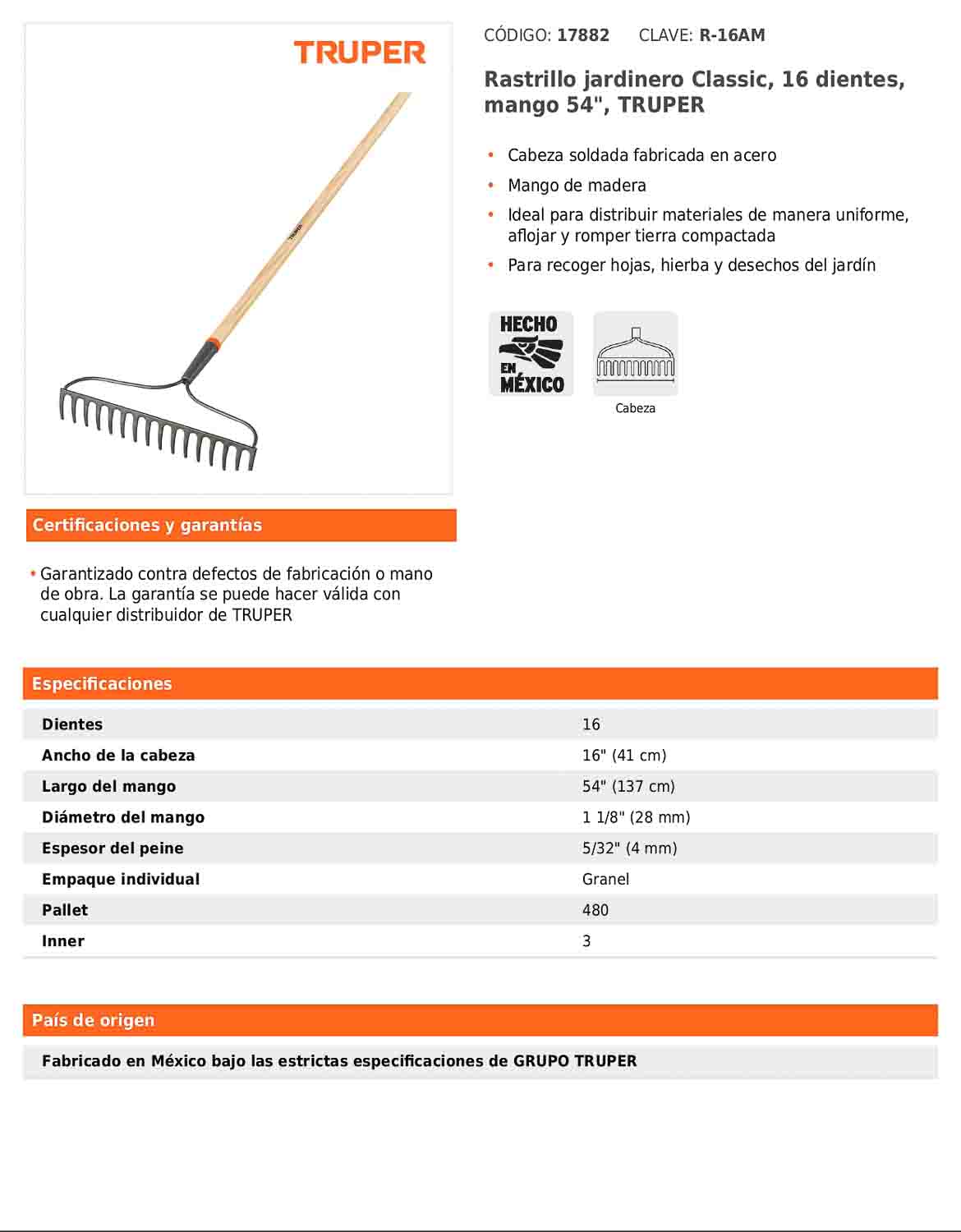 Rastrillo jardinero Classic de 16 dientes con mango de 54 pulgadas