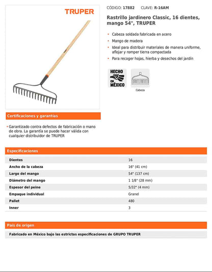 Rastrillo jardinero Classic de 16 dientes con mango de 54 pulgadas