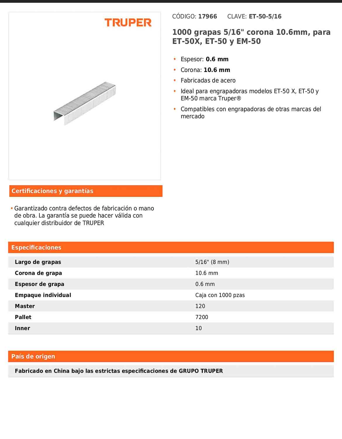 Grapas de 5/16 pulgadas con corona de 10.6 mm para engrapadoras tipo pistola y martillo