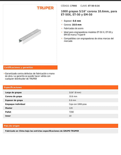 Grapas de 5/16 pulgadas con corona de 10.6 mm para engrapadoras tipo pistola y martillo
